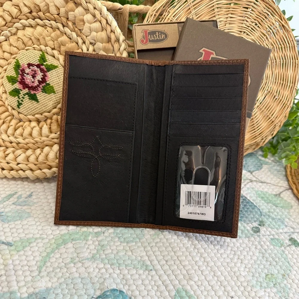 New Justin Men's Rodeo Wallet Brown Suede Genuine Leather RFID Checkbook Western